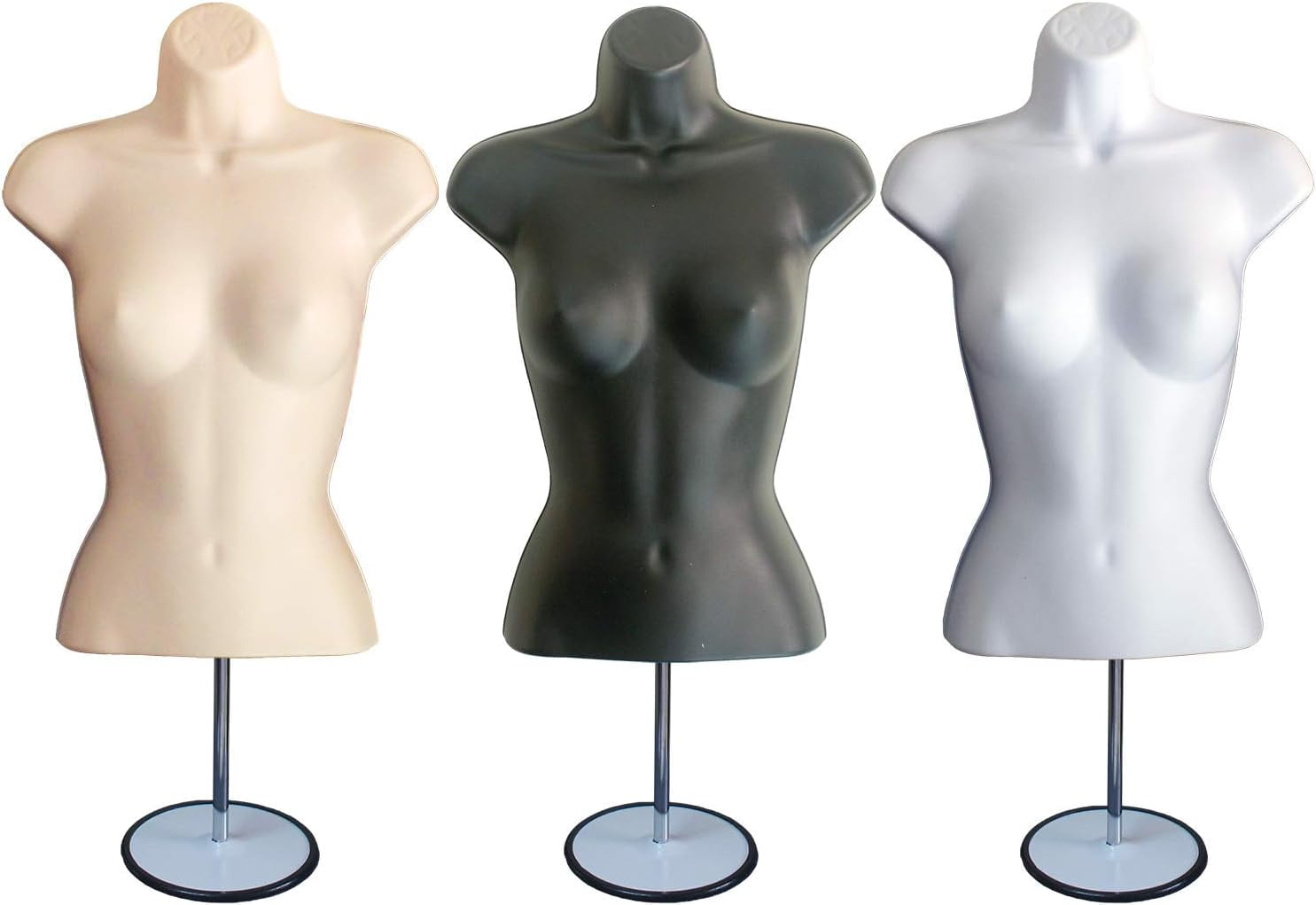 3 Pack, Black, White & Flesh Female Hollow Back Mannequin Torso Set w/Metal Stand with Metal Pole & Hanging Hook, S-M Sizes
