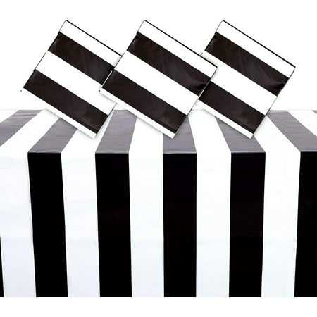 Sparkle and Bash 3-Pack Black & White Striped Disposable Rectangle Tablecloth - 54 x 108 in Plastic Table Cover - Waterproof Stain Resistant Cover for Party Decorations & Outdoor Events