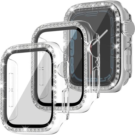 3 Pack Bling Case Compatible for Apple Watch Series 7, Screen Protector with Tempered Glass for iWatch for 41mm Accessories (41mm, Clear)