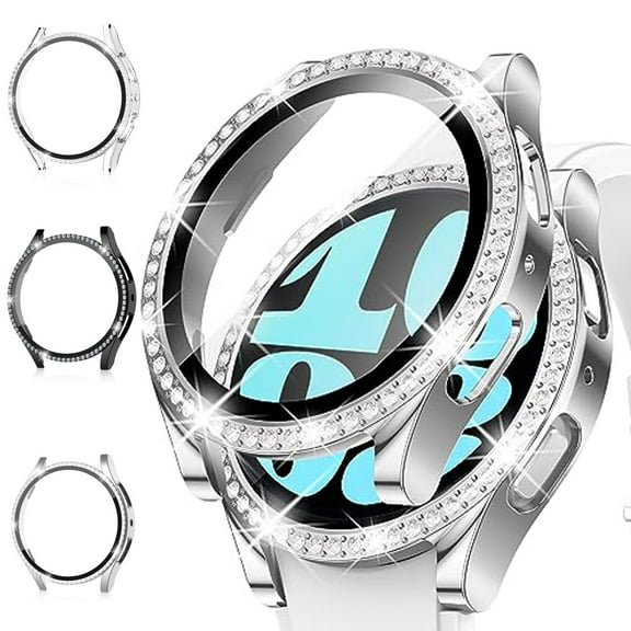 3 Pack Bling Case for Samsung Galaxy watch 5/4 Screen Protector 40mm, Tempered Glass Glitter Diamond Bumper Face Cover for watch 5/4 Accessories 40mm Galaxy Watch Case for Women,Clear/Black/Silver