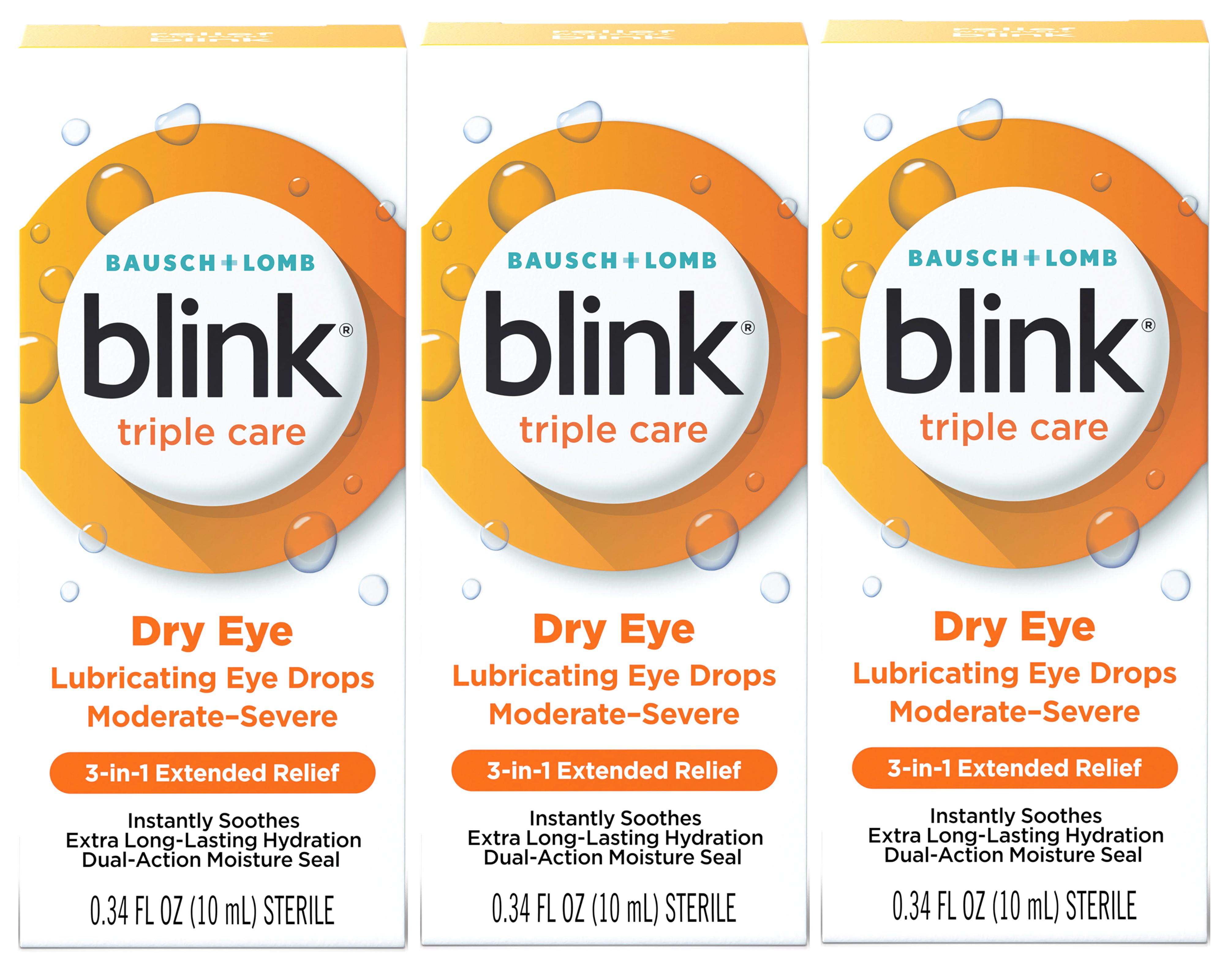 3 Pack - Blink Triple Care Lubricating Eye Drops – Long-Lasting Hydration for Moderate to Severe Dry Eyes, Moisturizes & Soothes with Hyaluronate, 0.34 Fl Oz