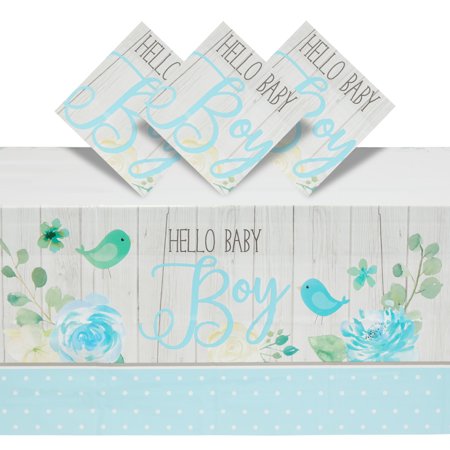 3 Pack Blue Baby Shower Table Covers, Hello Baby Boy, 54 x 108 in