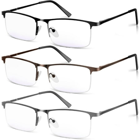 3 Pack Blue Light Blocking Reading Glasses for Men, Stylish Half Frame Metal Computer Readers, Lightweight Spring Hinge Eyeglasses Anti Eyestrain/Glare/UV (Mix Color, Black+Grey+Brown, 1.5)