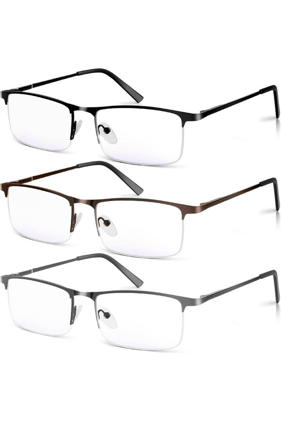 3 Pack Blue Light Blocking Reading Glasses for Men, Stylish Half Frame Metal Computer Readers, Lightweight Spring Hinge Eyeglasses Anti Eyestrain/Glare/UV (Mix Color, Black+Grey+Brown, 2.0)