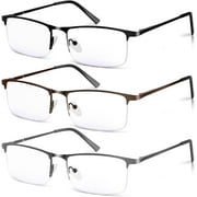3 Pack Blue Light Blocking Reading Glasses for Men, Stylish Half Frame Metal Computer Readers, Lightweight Spring Hinge Eyeglasses Anti Eyestrain/Glare/UV Mix Color, Black+Grey+Brown, 2.75