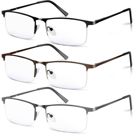 3 Pack Blue Light Blocking Reading Glasses for Men, Stylish Half Frame Metal Computer Readers, Lightweight Spring Hinge Eyeglasses Anti Eyestrain/Glare/UV (Mix Color, Black+Grey+Brown, 1.0)