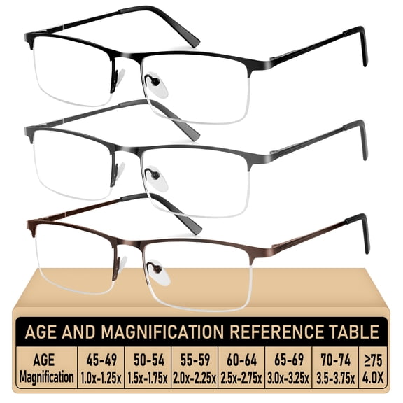 3 Pack Blue Light Blocking Reading Glasses for Men, Stylish Half Frame Metal Computer Readers, Lightweight Spring Hinge Eyeglasses Anti Eyestrain/Glare/UV (Mix Color, Black+Grey+Brown, 1.0)