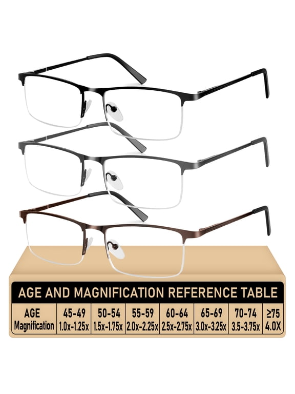 3 Pack Blue Light Blocking Reading Glasses for Men, Stylish Half Frame Metal Computer Readers, Lightweight Spring Hinge Eyeglasses Anti Eyestrain/Glare/UV (Mix Color, Black+Grey+Brown, 1.0)
