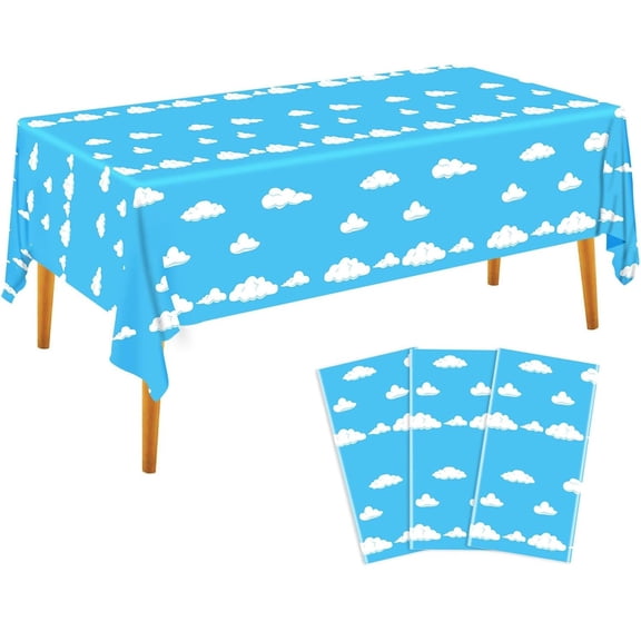 3 Pack Blue Sky & White Cloud Disposable Plastic Tablecloths, 108"x54" Waterproof Table Covers for Kids Toy Parties Story, Birthdays & Picnics