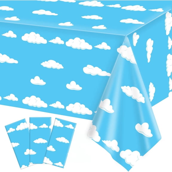 3 Pack Blue Sky & White Cloud Disposable Plastic Tablecloths, 108"x54" Waterproof Table Covers for Kids Toy Parties Story, Birthdays & Picnics