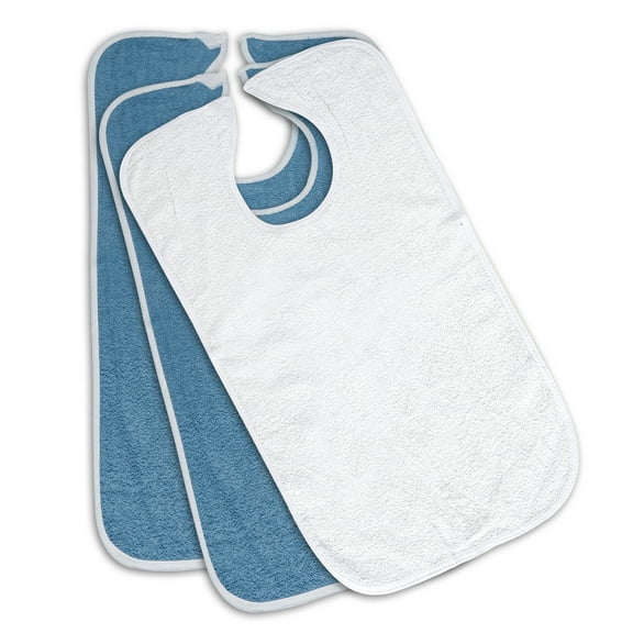 3-Pack - Blue or White Option - 100% Cotton Reusable Terry Adult Bib - Patient Bib (2 Blue & 1 White)