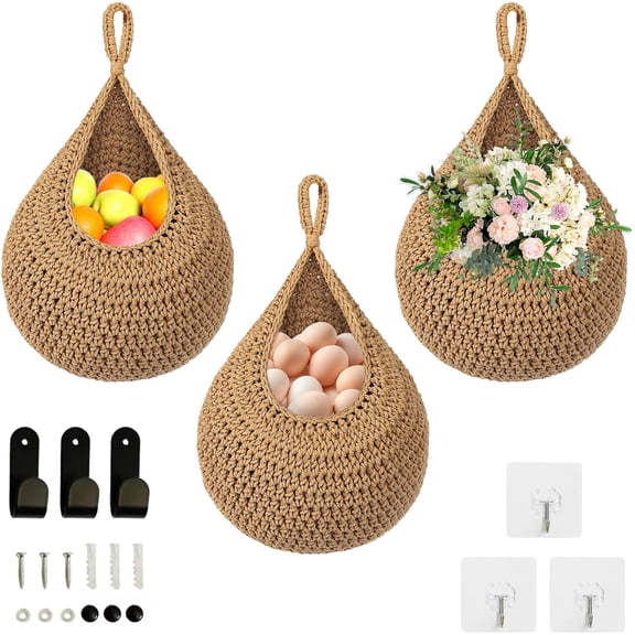 3 Pack Boho Hanging Fruit Baskets for Kitchen Wall, Macrame Wall Hanging Fruit & Vegetable Storage, Woven Hanging Basket Organizer, Decorative Kitchen Wall Decor