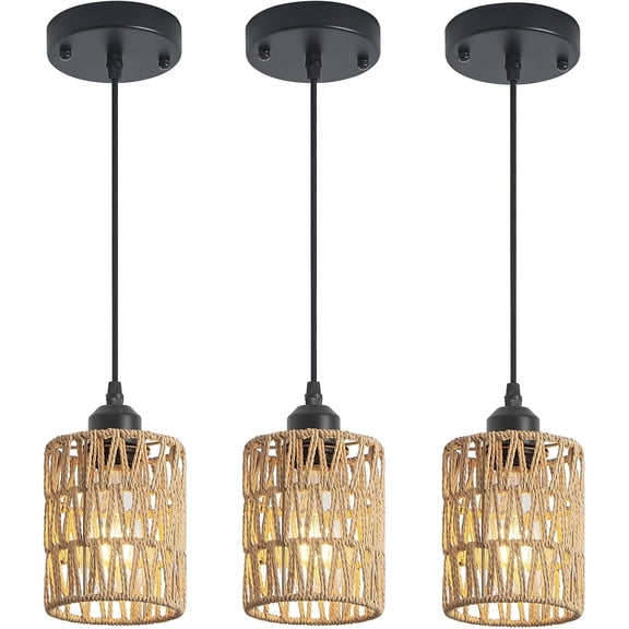 3 Pack Boho Rattan Pendant Lights for Kitchen Island Round Shade