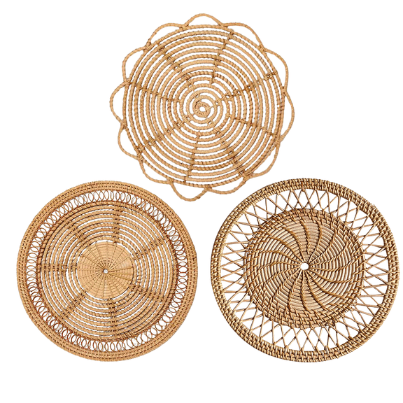 3 Pack Boho Wall Baskets,Seagrass Rattan Wicker Wall Decor Round Handmade Wall Basket Decor for Farmhouse Living Rooms Bedrooms Display Table Settings Kitchen Home