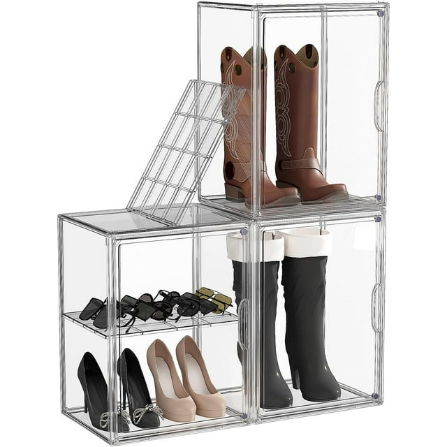 3 Pack Boot Storage Organizer Tall Boots Boxes Clear Plastic Stackable Acrylic Boot Display Case Storage Box with Divider, Shoe Organizer Box, XXX-L