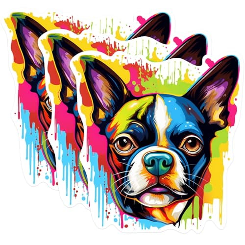(3 Pack) Boston Terrier Decals - Colorful Dog Stickers - Laptop Decal for Dog Lovers - 3 Inches On Longest Side - Easy Peel & Apply - Made in USA - 3MCS0664