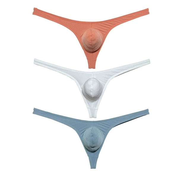 3 Pack Botmois Men's Thongs Pouch Bikini Tangas Underwear Mini Bottoms Briefs Spandex Low-rise T-back Underpants Bean Pink/White/Gray L