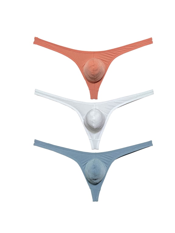 3 Pack Botmois Men's Thongs Pouch Bikini Tangas Underwear Mini Bottoms Briefs Spandex Low-rise T-back Underpants Bean Pink/White/Gray L
