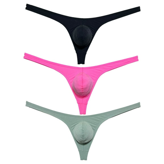3 Pack Botmois Men's Thongs Pouch Bikini Tangas Underwear Mini Bottoms Briefs Spandex Low-rise T-back Underpants Black/Pink/Army Green L
