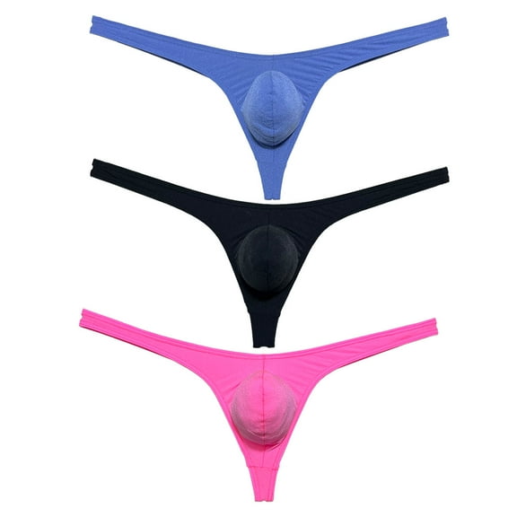 3 Pack Botmois Men's Thongs Pouch Bikini Tangas Underwear Mini Bottoms Briefs Spandex Low-rise T-back Underpants Blue Gray/Black/Pink L