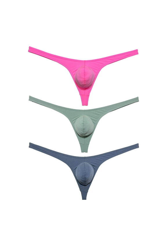 3 Pack Botmois Men's Thongs Pouch Bikini Tangas Underwear Mini Bottoms Briefs Spandex Low-rise T-back Underpants Pink/Army Green/Navy Blue M