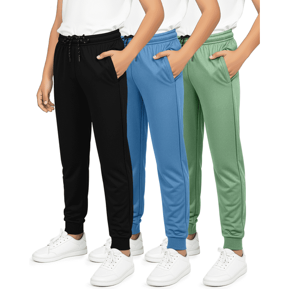 Real Essentials 3 Pack: Boy's Mesh Jogger Sweatpants - Youth Kids Baseball Football Athletic Pants with Pockets
