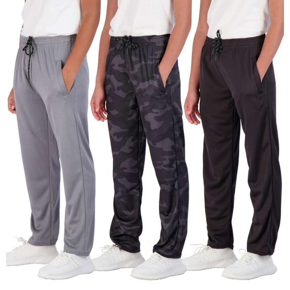 Real Essentials 3 Pack: Boys' Mesh Open Bottom Active Sweatpants with Pockets & Drawstring
