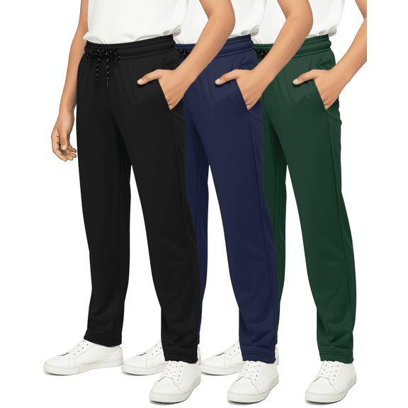 Real Essentials 3 Pack: Boys' Mesh Open Bottom Active Sweatpants with Pockets & Drawstring