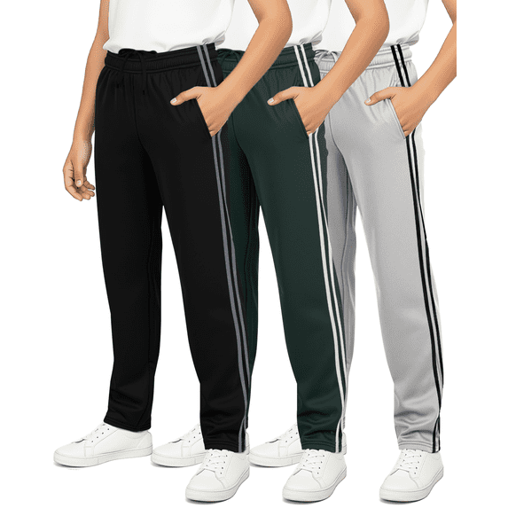 Real Essentials 3 Pack: Boys' Tricot Open Bottom Sweatpants - Athletic Running Pants with Pockets for Kids Teens Youth