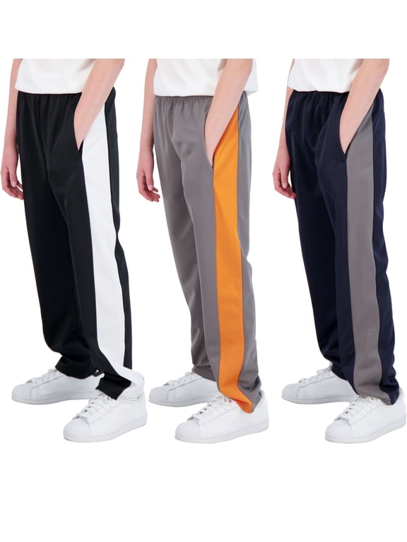 3 Pack: Boys' Tricot Open Bottom Sweatpants - Athletic Running Pants with Pockets for Kids Teens Youth