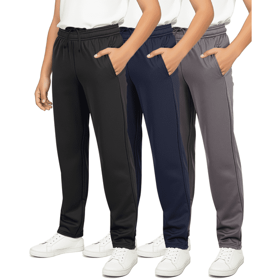 Real Essentials 3 Pack: Boys' Tricot Open Bottom Sweatpants - Athletic Running Pants with Pockets for Kids Teens Youth