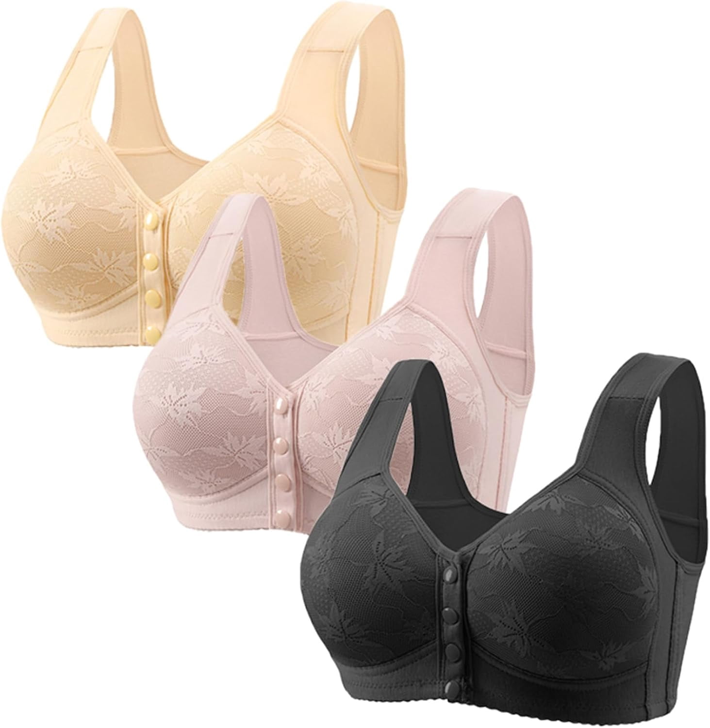 3 Pack Bras for Older Women No Underwire Front Closure Push Up Bra Full ...