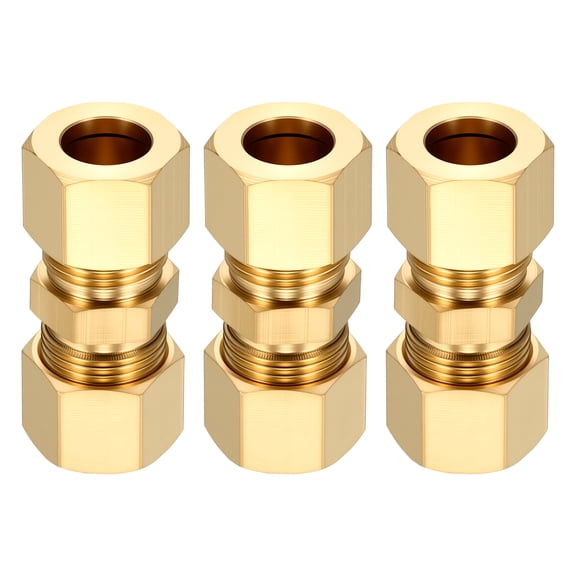 3 Pack Brass Compression Tube Pipe Fitting, 3/8" OD Compression Union Connector, Straight Coupling Adapter Pipe Fitting with Double Ferrules for Air, Water, Oil, Gas
