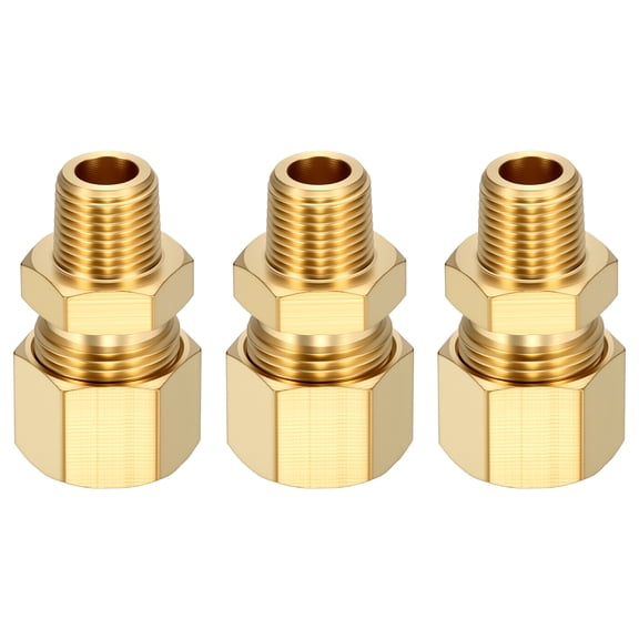 3 Pack Brass Compression Tube Pipe Fitting, 3/8"OD Compression x 1/8" NPT Male Union Connector, Straight Coupling Adapter Pipe Fitting for Air, Water, Oil, Pipeline Systems