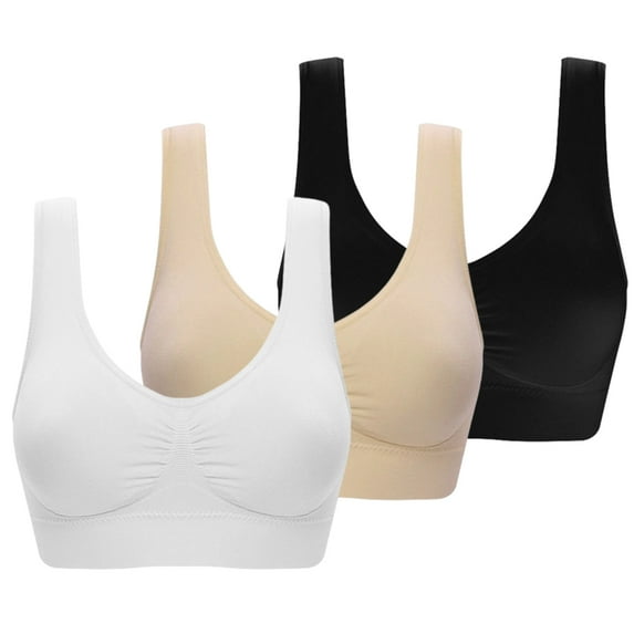 3 Pack Breathable Underwear Sport Yoga Bras for Women Wirefree - Solid Color Seamless Solid Sleep Bra for Sports Fitness,White+Black+Skin Color,3x-Large Size