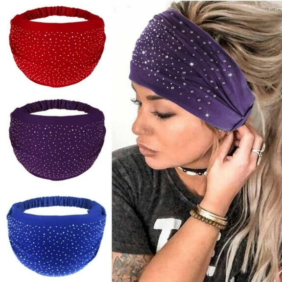 3-Pack Breathable Wide Headbands with Glitter Rhinestones, Soft Elastic Sports Hair Bands & Fashion Turban Wrap, Sweat-Wicking for Women Girls, for Workouts Gym Daily Use