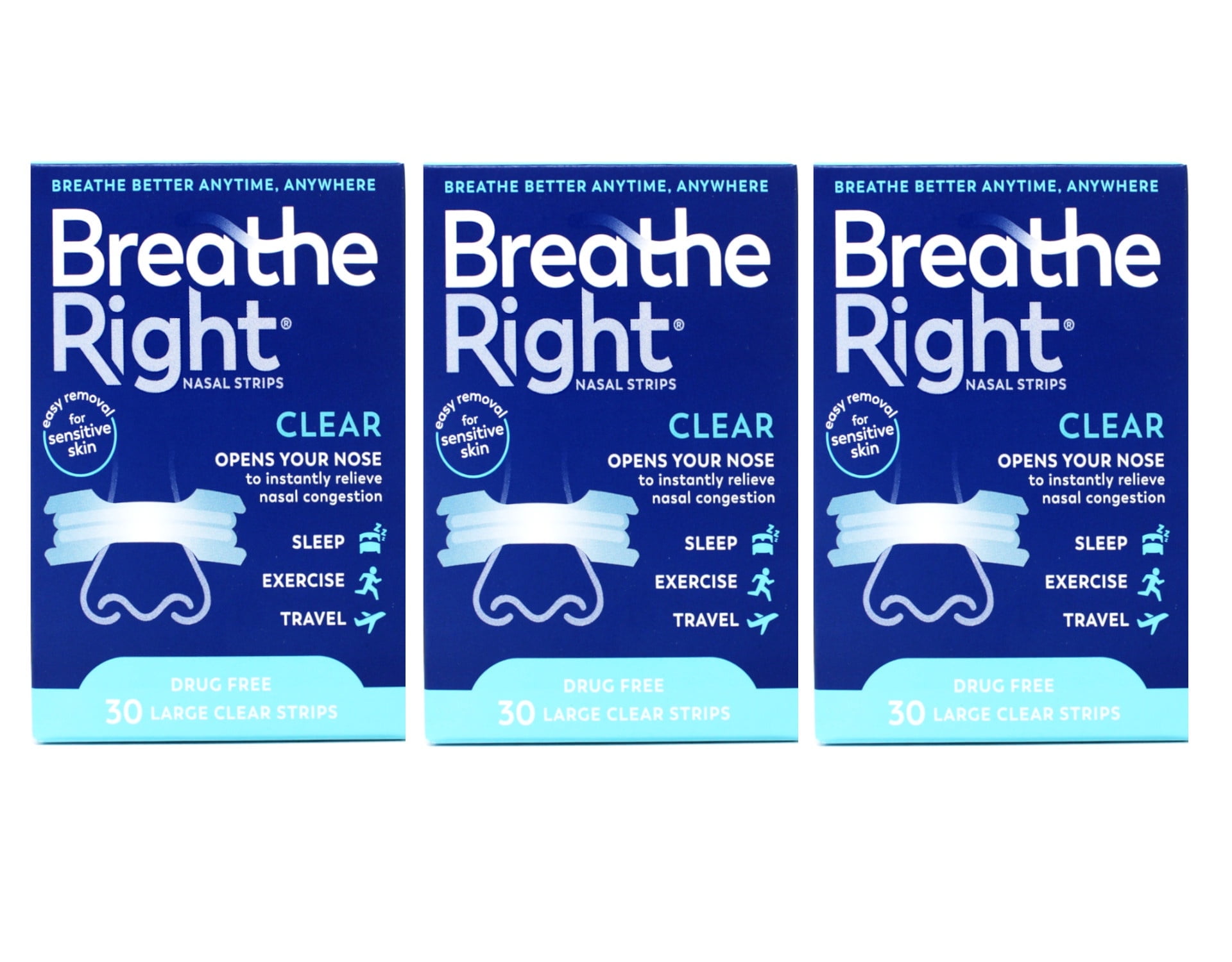Breathe Right Nasal Strips Clear Large, 30 Drug-Free Strips for Sensitive Skin (pack of 3)
