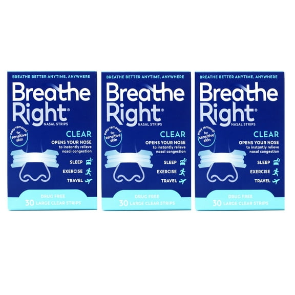 Breathe Right Nasal Strips Clear Large, 30 Drug-Free Strips for Sensitive Skin (pack of 3)