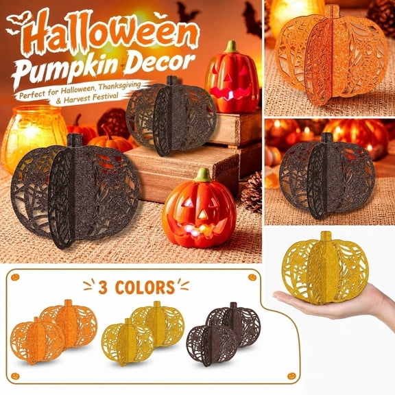 3-Pack Brown Artificial Paper Pumpkins, Stackable Rustic Fall Decor for Home, Small Halloween Thanksgiving Table Centerpiece, No-Maintenance Neutral Autumn Ornament for Mantel Shelf Entryway