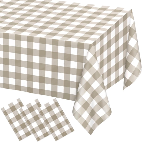 3 Pack Brown Checkered Rectangular Plastic Tablecloths, Brown and White Gingham Waterproof Disposable Table Covers 54" x 108" for Birthday, Baby Shower, Wedding, Outdoor Parties