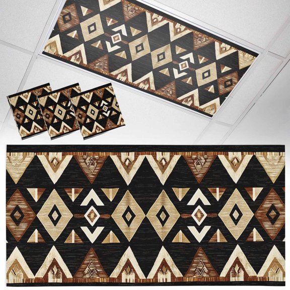 3 Pack Brown Geometric Fluorescent Light Covers for Ceiling Lights Vintage National Style Magnetic Ceiling Light Covers Overhead Light Filters for Office Classroom Home