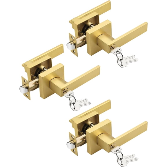3 Pack Brushed Gold Entry Door Levers with Lock and Key, Satin Brass Entrance Door Handles, for Exterior or Interior Doors, Bedroom, Office, Hotel (Each with 3 Keys)