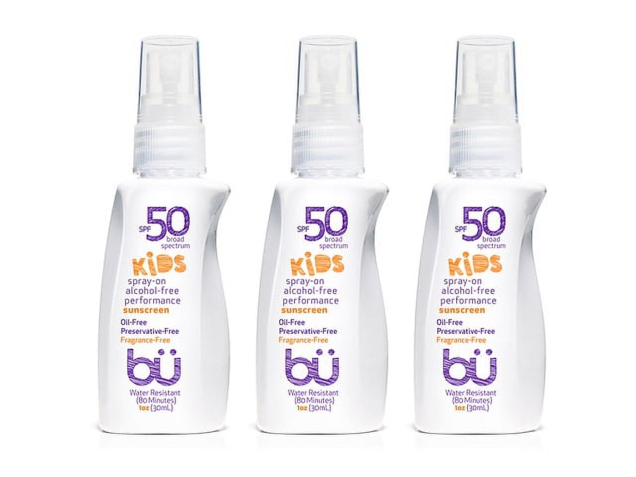 3 Pack - Bu KIDS SPF 50 Sunscreen Spray - Clear Moisturizing, Safe and Effective. Travel Sport Sensitive Skin. (Fragrance Free- 1 oz)