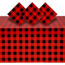 3 Pack Buffalo Plaid Plastic Tablecloth for Lumberjack Birthday Party Decorations, Disposable Red and Black Table Cover (54 x 108 In)