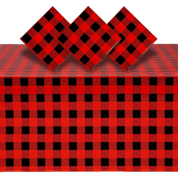 Blue Panda Buffalo Plaid Plastic Tablecloth Picnic Table Cover - 3 Pack 54 x 108 in Red & Black - Disposable Durable Decor for Lumberjack Party Decorations & Buffalo Theme Party