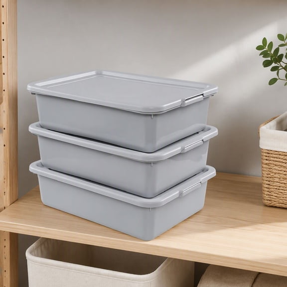 3 Pack Bus Tubs with , 13L Food Storage Bins, Stackable Plastic Tote Trays for Dishwashing, Mixing, Kitchen Organization, Silver