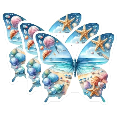 (3 Pack) Butterfly Beach Decals - Seashell Starfish Art - Summer Laptop Stickers- 3 Inches On Longest Side - Easy Peel & Apply - Made in USA - 3MCS5840