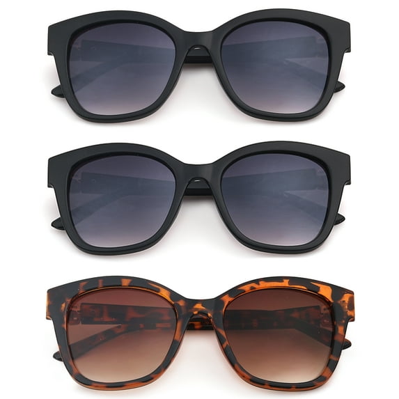 3 Pack Butterfly Plastic Frame Vintage Fashion Sunglasses for Women,Four Petal flower metal ornament with Platic Temple, 2 Black & Tortoise