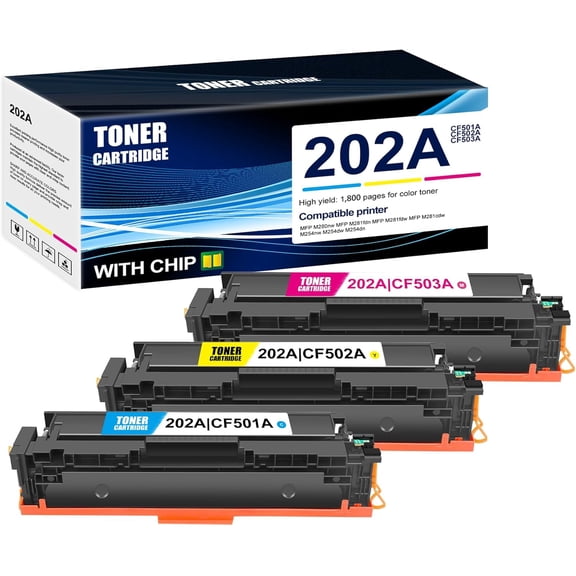 3-Pack C/M/Y 202A|CF500AM Toner Cartridge: Compatible 202A CF501A CF502A CF503A Replacement for HP MFP M280nw MFP M281fdn MFP M281fdw MFP M281cdw M254nw M254dw M254dn Printer