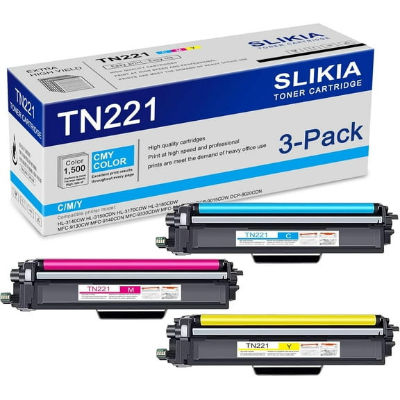 3-Pack C/M/Y TN221 Toner Cartridge: Compatible TN221 TN-221 Replacement for Brother HL-3140CW 3150CDN 3170CDW 3180CDW MFC-9130CW 9140CDN 9330CDW 9340CDW DCP-9015CDW 9020CDN Printer